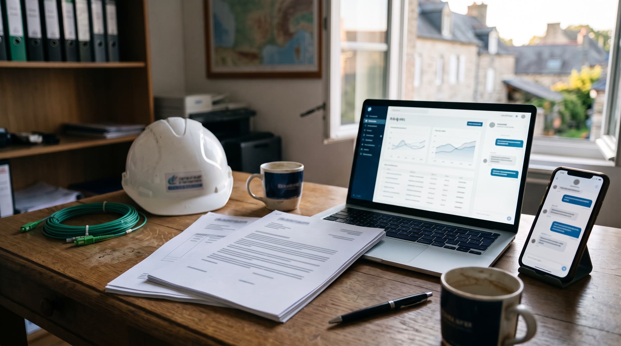 Bureau d'une petite entreprise : documents papier aux lignes floutées éclairés par un ordinateur portable affichant un logiciel de gestion avec un panneau de discussion, téléphone avec des bulles de conversation, casque de chantier et bobine de fibre optique