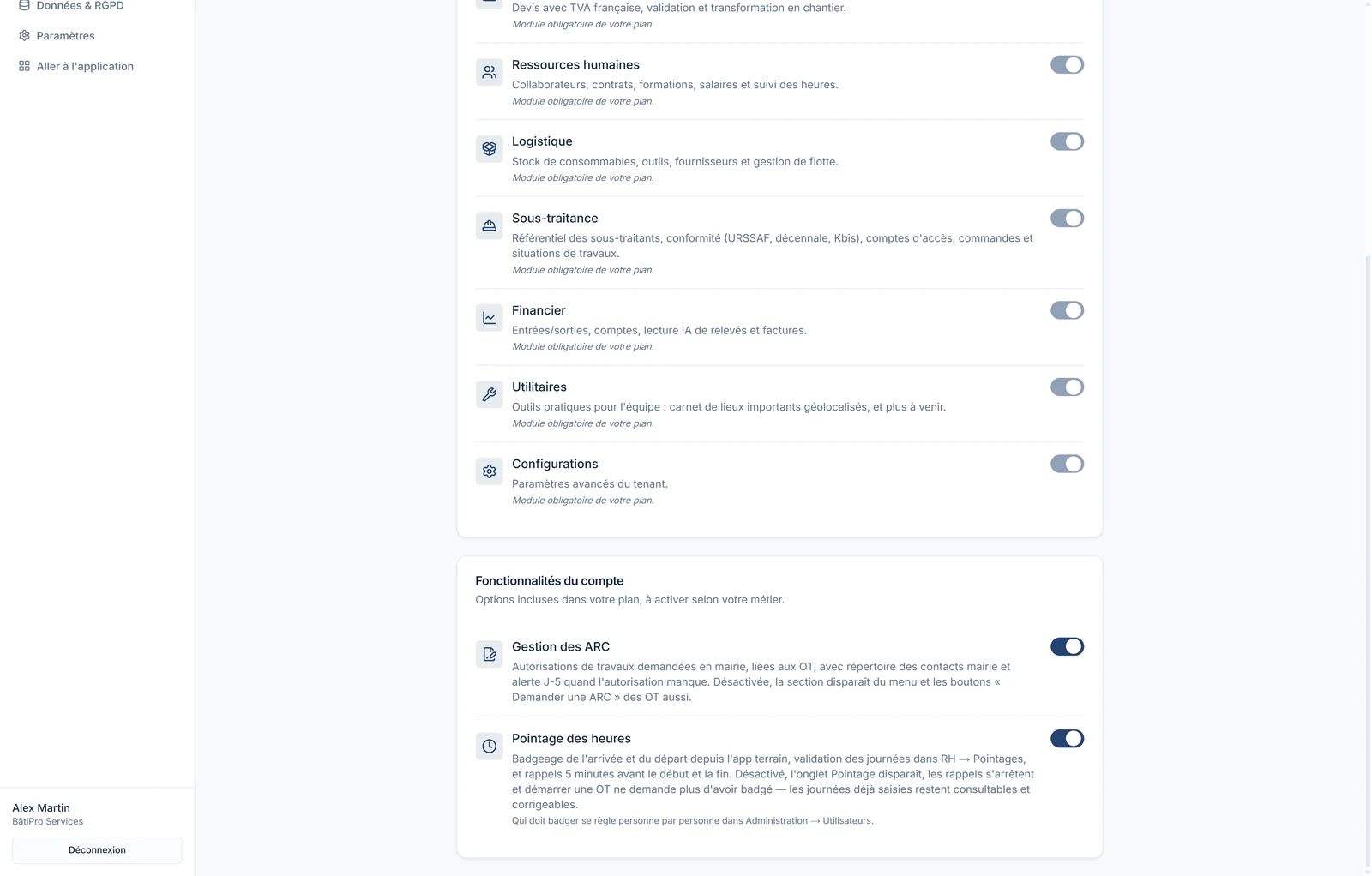 Administration › Modules › Fonctionnalités du compte avec l'interrupteur Gestion des ARC