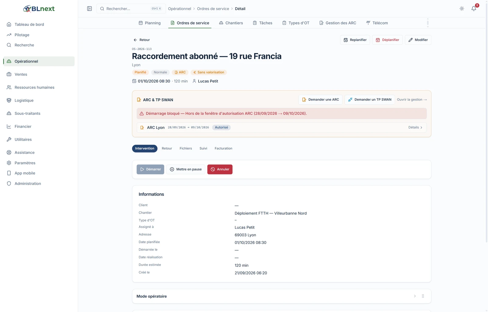 Fiche OT avec le message « Démarrage bloqué — Hors de la fenêtre d'autorisation ARC (28/09/2026 → 09/10/2026) » et le bouton Démarrer désactivé
