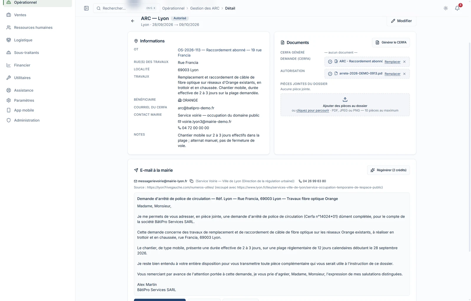 Fiche de l'ARC au statut Autorisé : informations du dossier, documents (CERFA, demande, autorisation), e-mail à la mairie rédigé