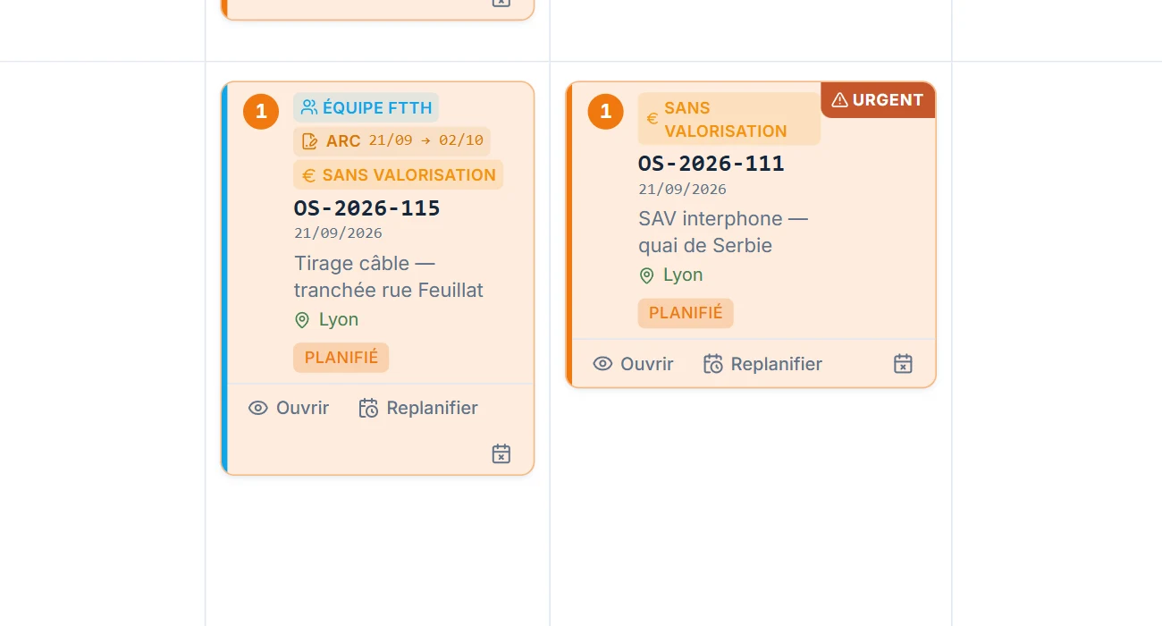 Carte d'OT dans le planning hebdomadaire avec la puce ARC 21/09 → 02/10