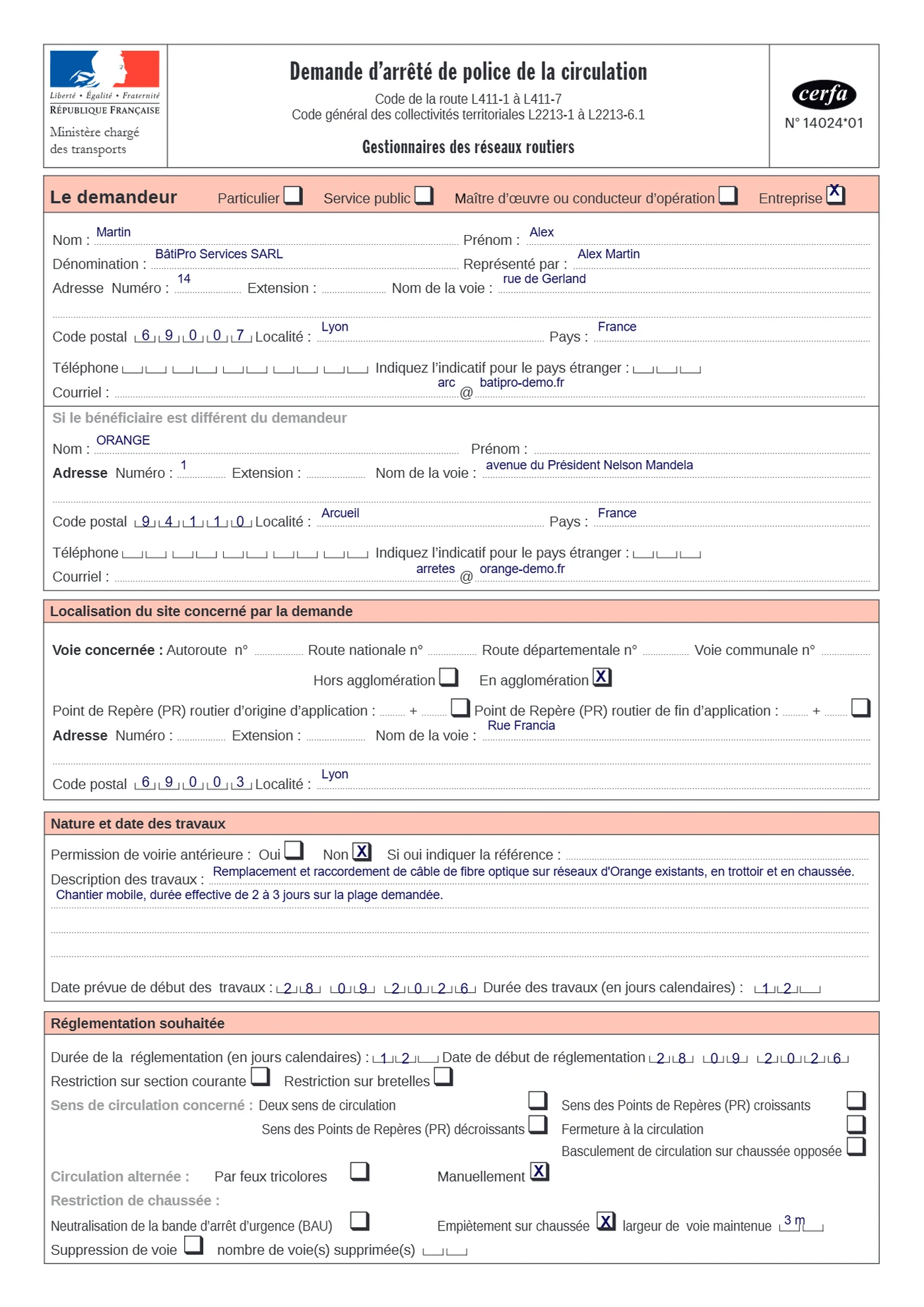 Première page du CERFA 14024*01 générée par BL Next : demandeur BâtiPro Services, bénéficiaire ORANGE, rue Francia 69003 Lyon, dates et durée en cases, alternat manuel et empiètement cochés