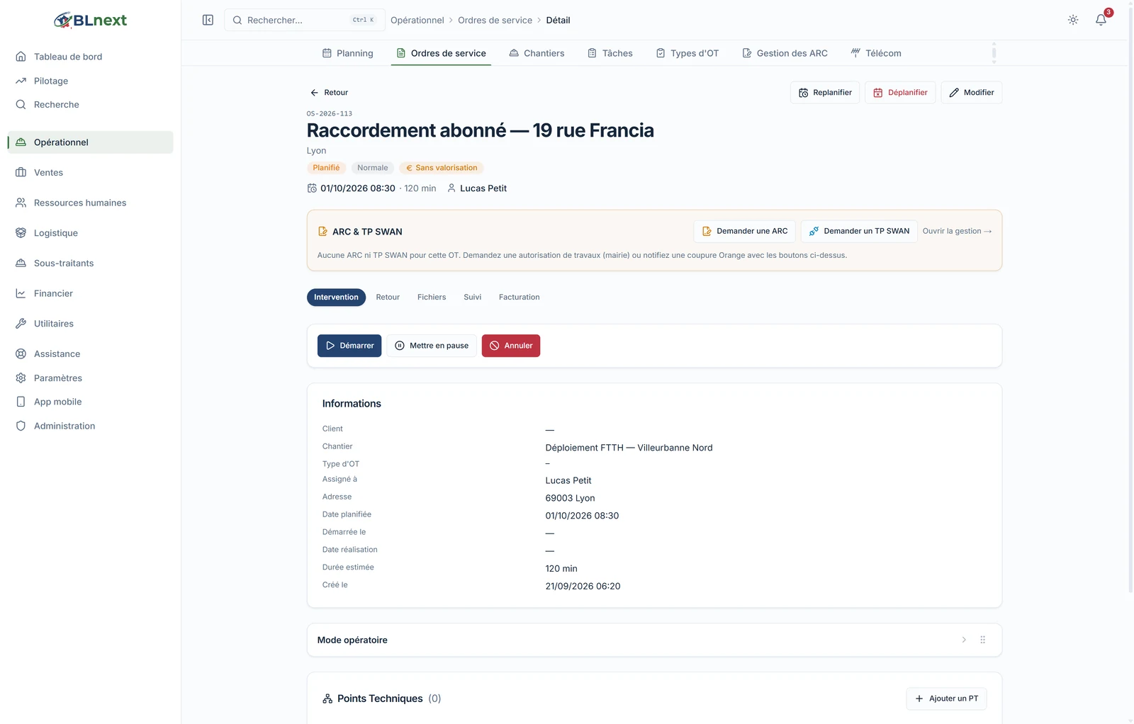Fiche d'un ordre de travail avec le bandeau « ARC & TP SWAN » et les boutons Demander une ARC et Demander un TP SWAN