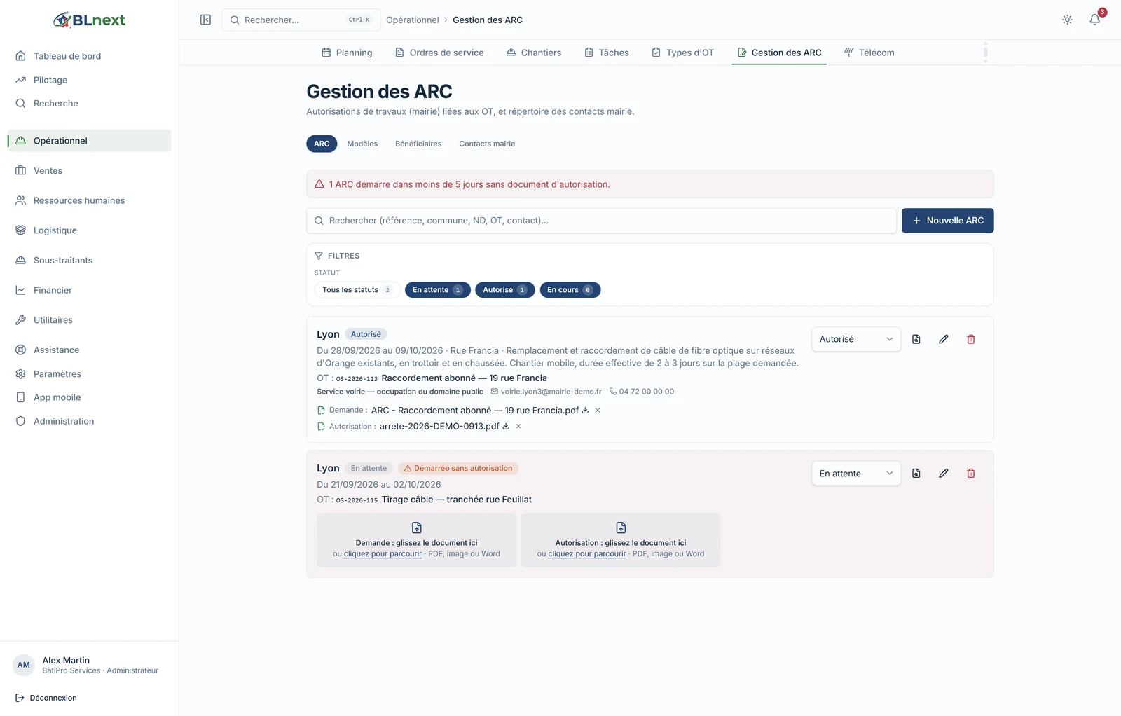 Liste des ARC avec le bandeau d'alerte « 1 ARC démarre dans moins de 5 jours sans document d'autorisation », filtres par statut, deux dossiers dont un marqué Démarrée sans autorisation