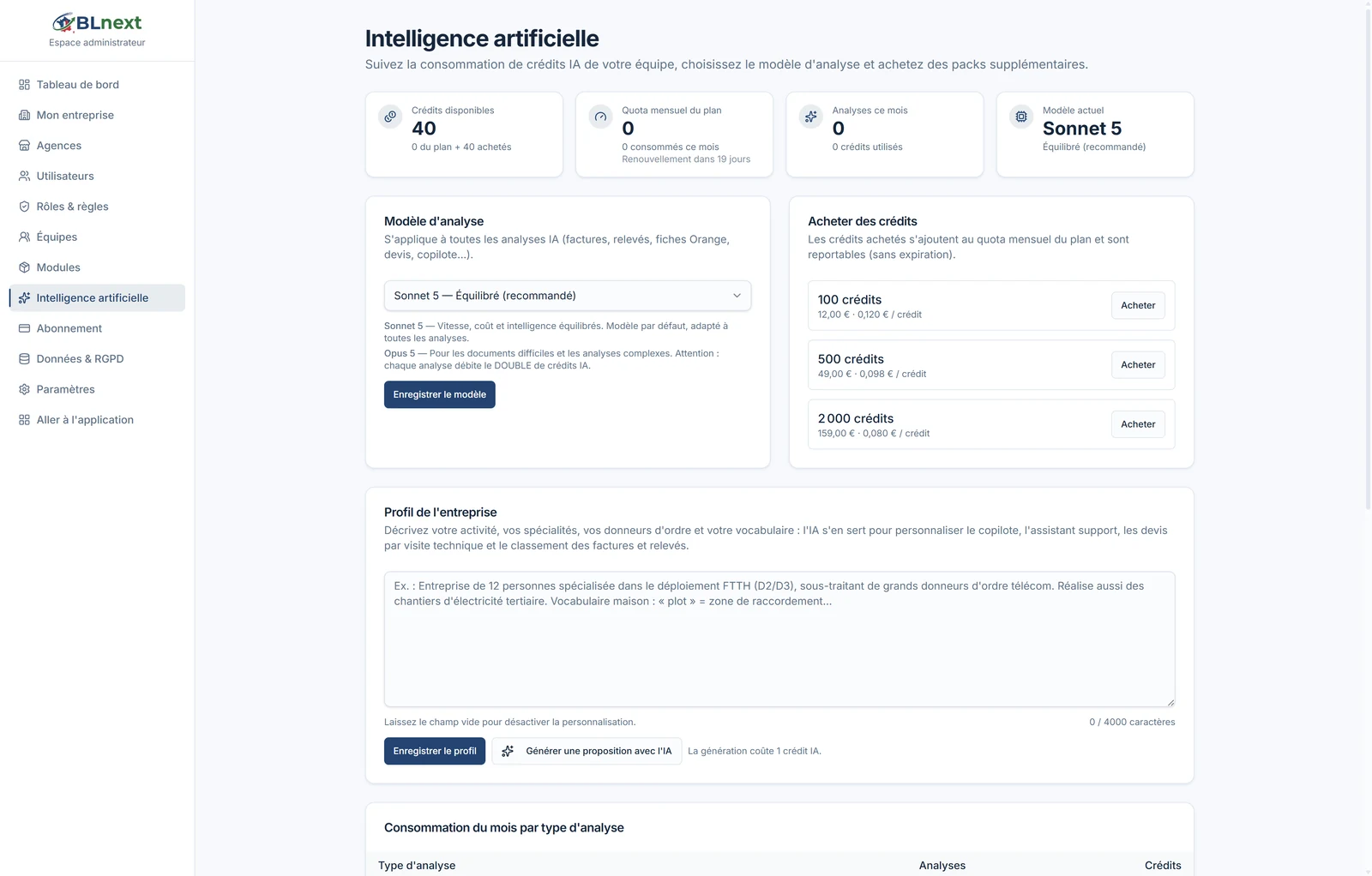 Écran Intelligence artificielle de l'administration : crédits disponibles, quota mensuel, analyses du mois, modèle actuel Sonnet 5, choix du modèle, packs de crédits et profil de l'entreprise
