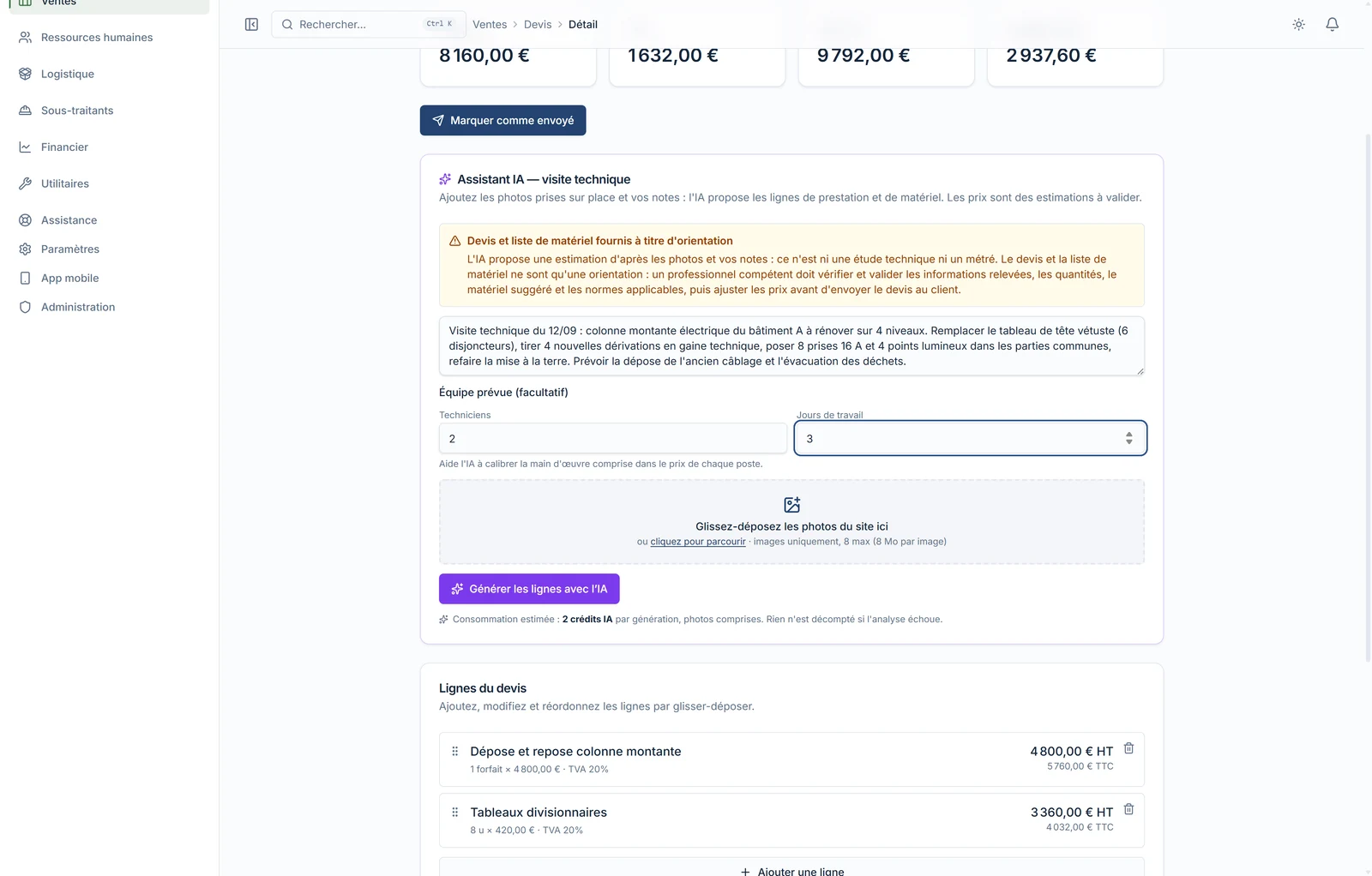 Assistant IA — visite technique sur un devis : notes de visite, équipe prévue (techniciens, jours), photos du site, bouton Générer les lignes avec l'IA, 2 crédits