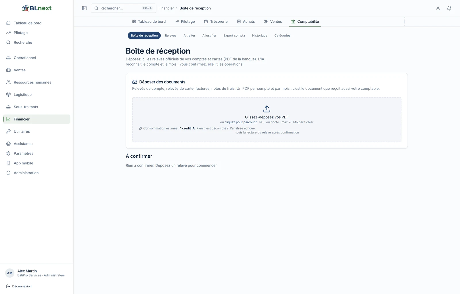 Boîte de réception comptable : déposez relevés de compte et de carte, l'IA reconnaît le compte et le mois, 1 crédit par document