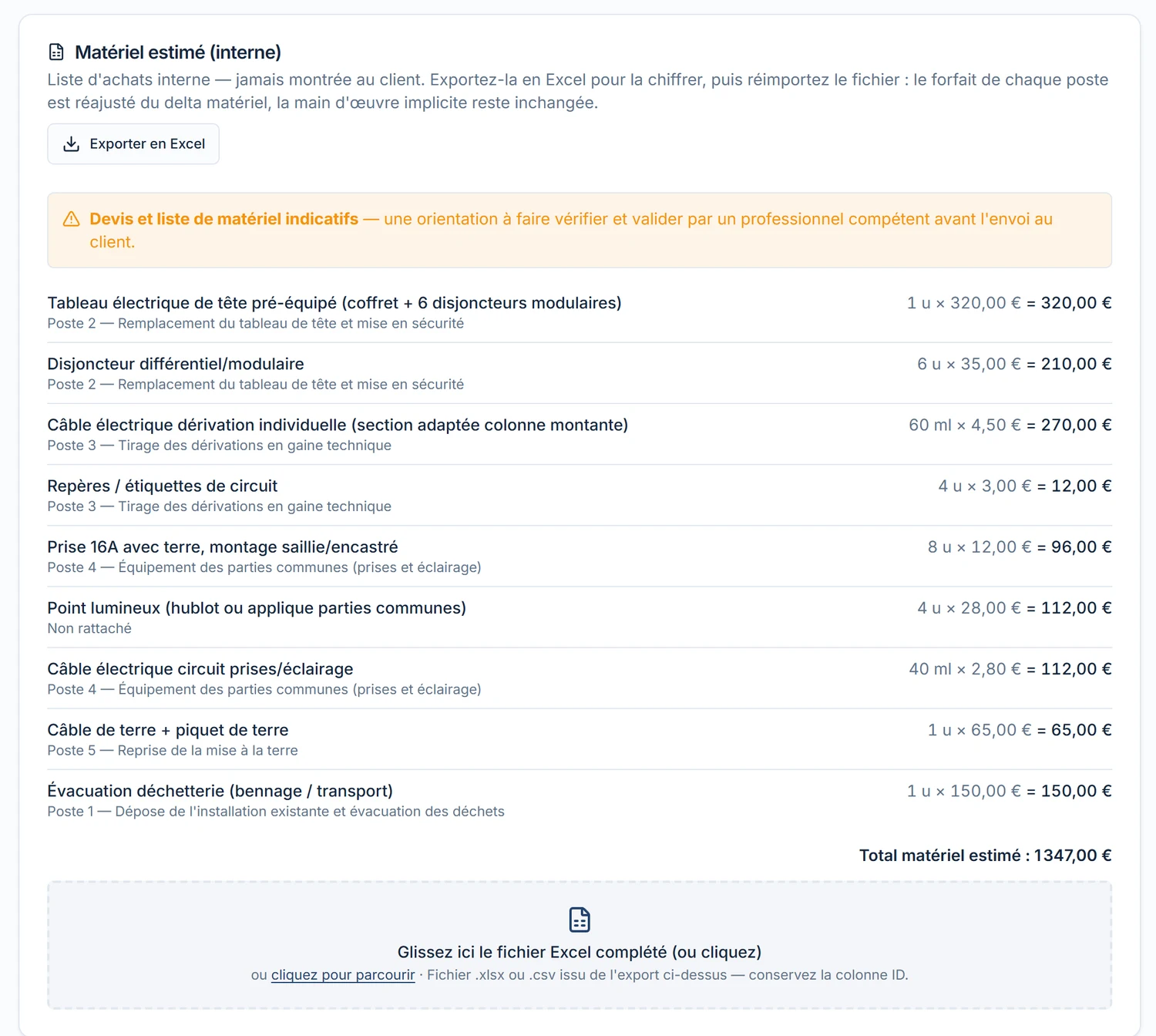 Liste de matériel estimé (interne) proposée par l'IA : quantités et prix indicatifs, total matériel, export Excel, bandeau d'avertissement
