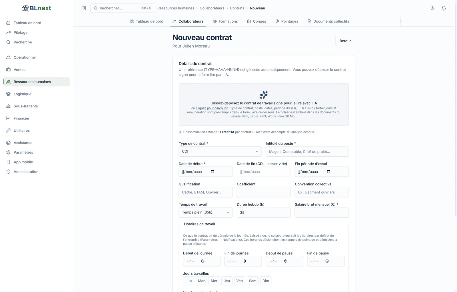 Formulaire « Nouveau contrat » avec une zone pour déposer le contrat signé et le faire lire par l'IA : type, poste, dates, période d'essai, salaire