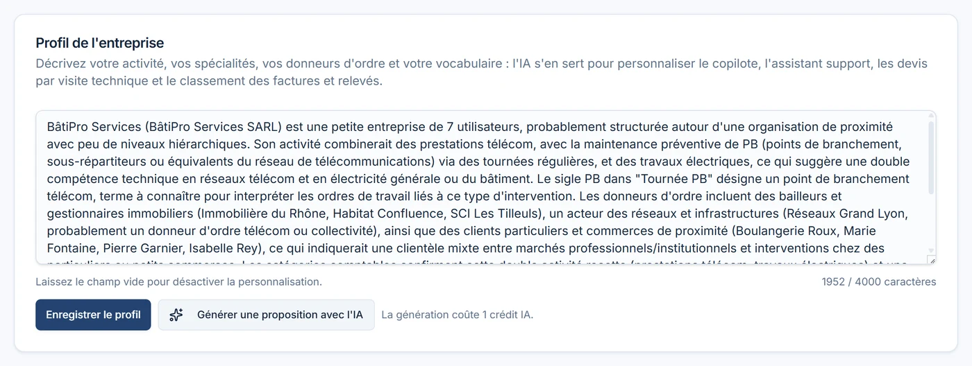 Carte Profil de l'entreprise avec un texte proposé par l'IA décrivant BâtiPro Services, boutons Enregistrer le profil et Générer une proposition avec l'IA