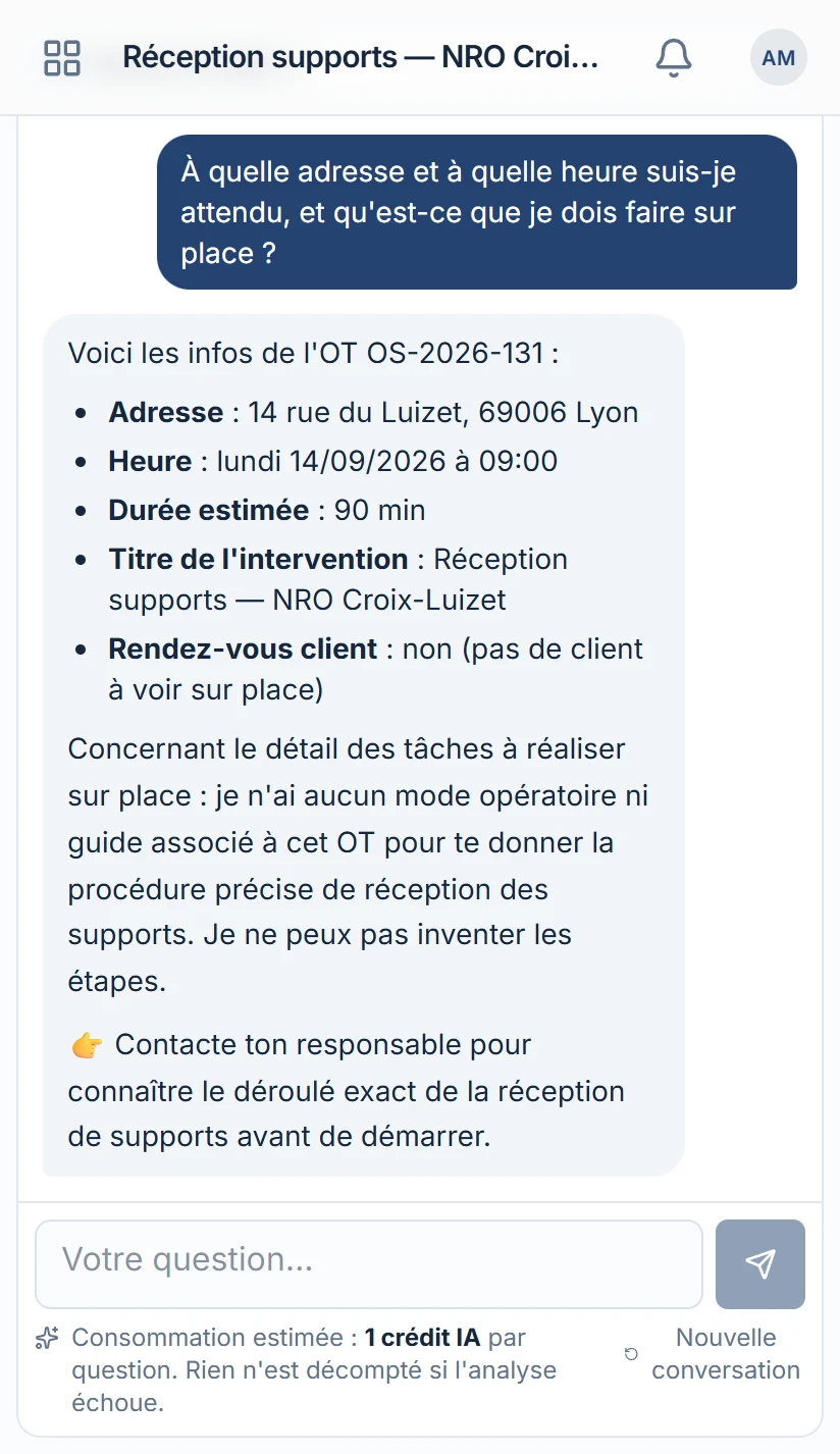 Application terrain sur téléphone : carte « Besoin d'aide ? » avec la question du technicien et la réponse de l'assistant donnant l'adresse, l'heure et la nature de l'intervention