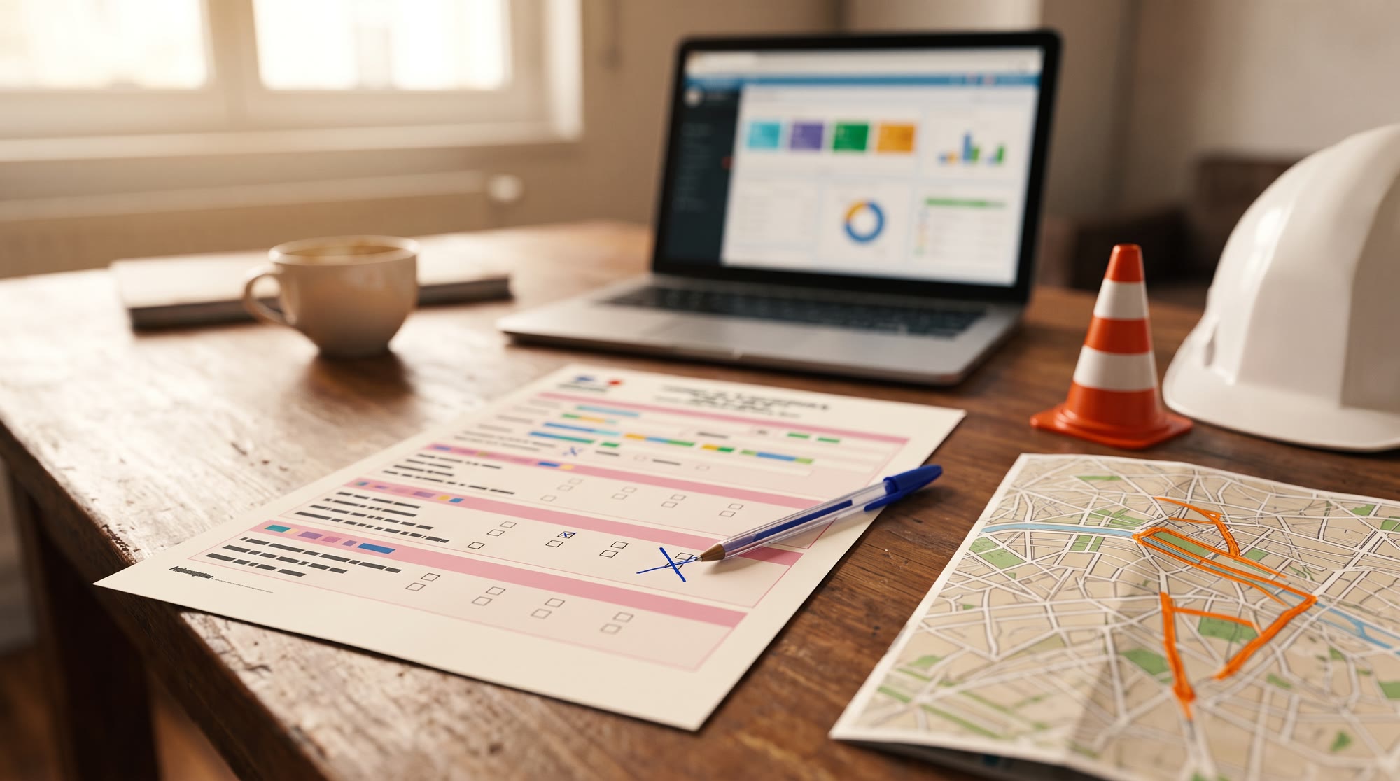 Bureau d'une petite entreprise du bâtiment : formulaire administratif aux lignes floutées avec une case cochée au stylo, plan de ville avec une rue surlignée en orange, cône de chantier miniature, casque blanc et ordinateur portable en arrière-plan
