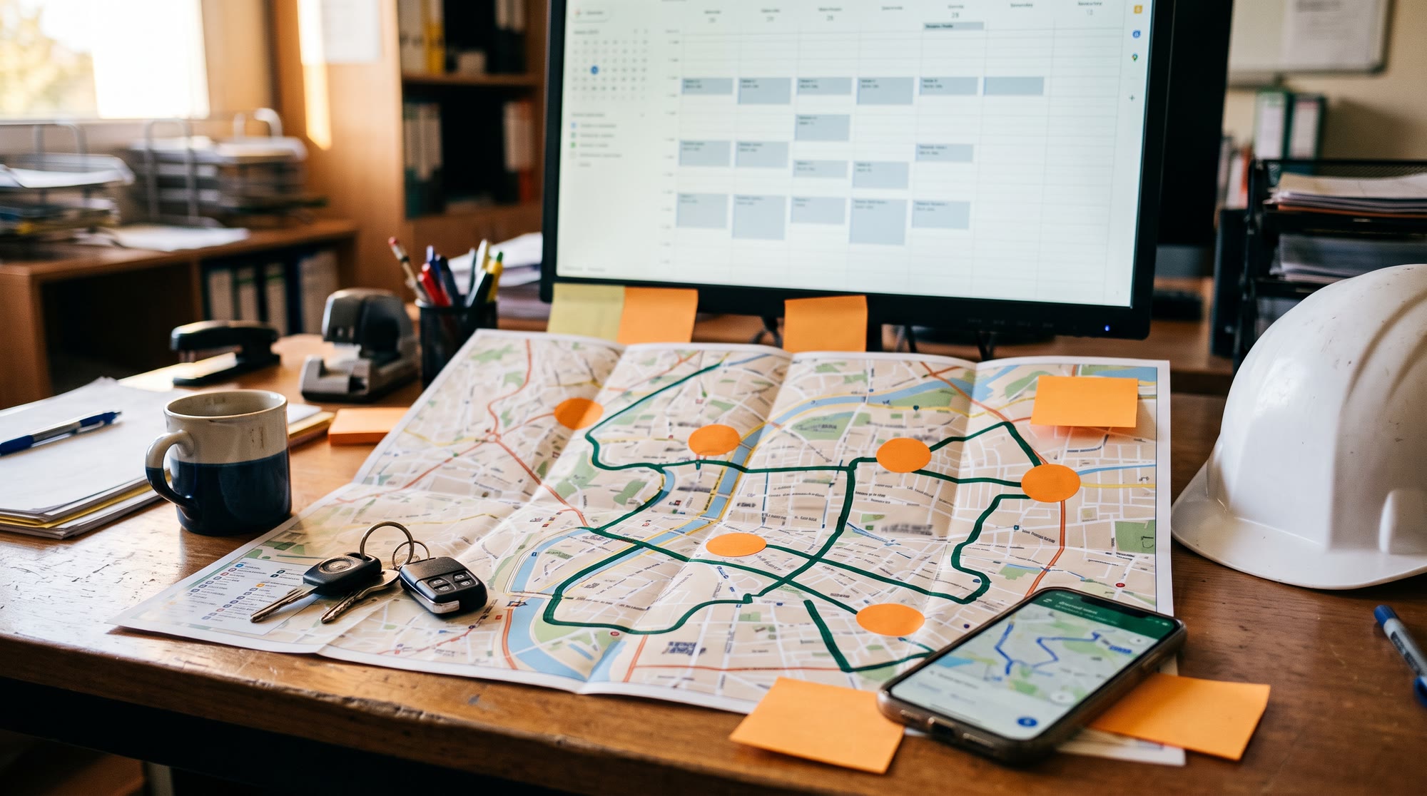 Plan de ville sur un bureau avec un itinéraire tracé au marqueur vert entre cinq points orange, clés de camionnette, téléphone et casque de chantier ; en arrière-plan, un écran de planning hebdomadaire