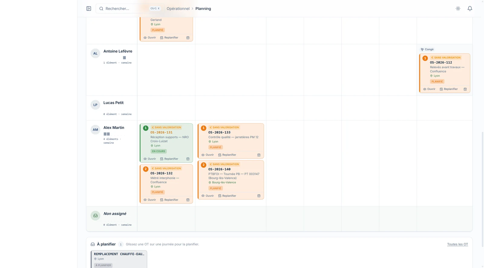 Vue Semaine du Planning BL Next : un collaborateur par ligne, un jour par colonne, cartes d'ordres de travail colorées par statut