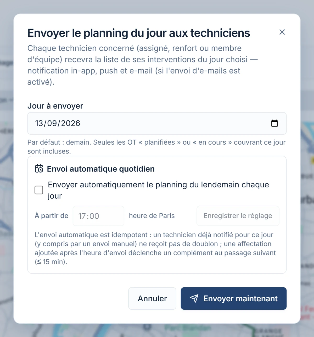 Dialogue « Envoyer le planning du jour aux techniciens » : jour à envoyer, envoi automatique quotidien et bouton Envoyer maintenant