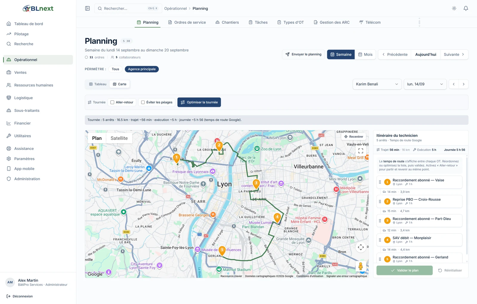Vue Carte : les cinq interventions de Karim à Lyon numérotées sur la carte avec l'itinéraire tracé, le résumé de la journée et le panneau Itinéraire du technicien