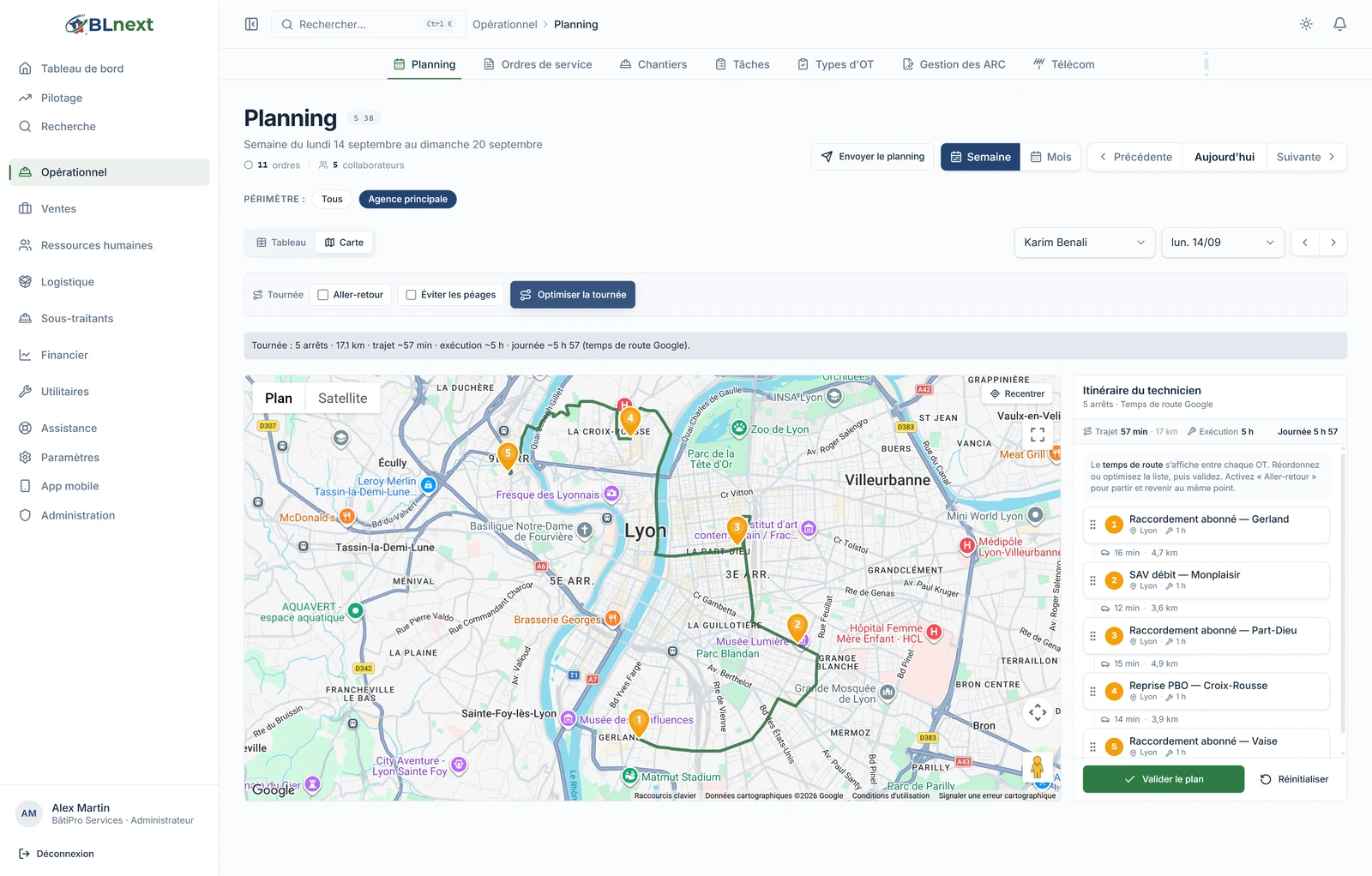 La tournée optimisée : itinéraire fluide autour de Lyon, 17,1 km et 57 min de route, bouton « Valider le plan » actif